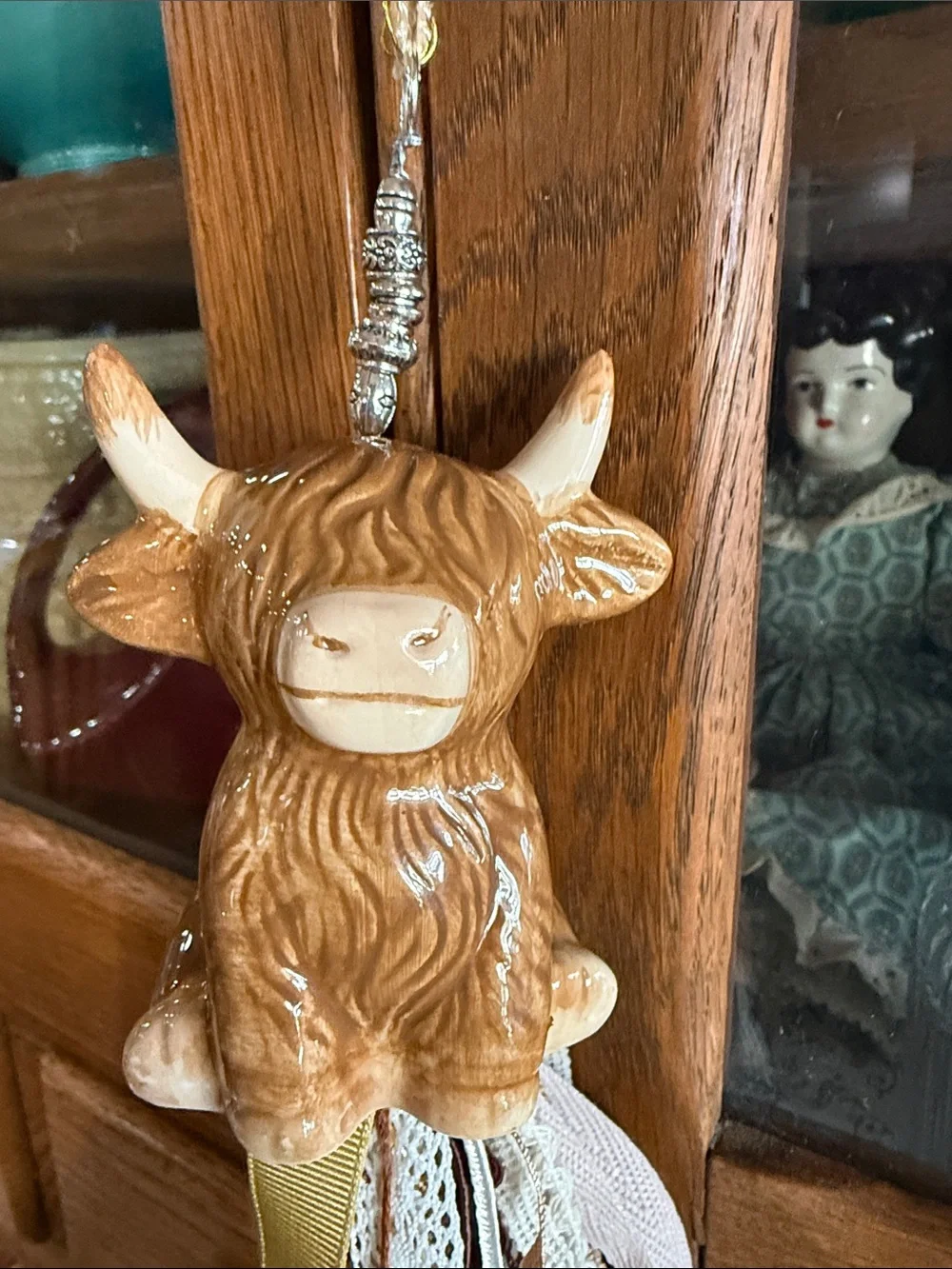 Handmade Rustic Tan Highland Cow Salt Shaker Tassel Hanging Decor